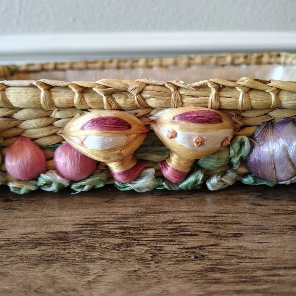 Vtg Woven Raffia Straw Casserole Basket Faux Fruit Vegetables Mushrooms